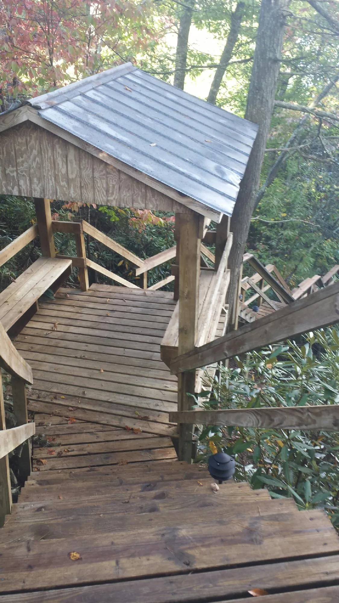 Metal roofed shelter over wooden steps on a wooded walkway — Skylight Repair & Installation work by our crew in Savanna